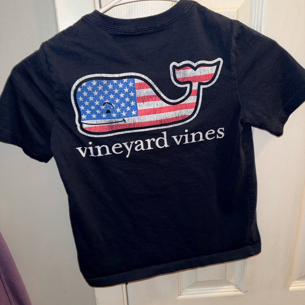Vineyard Vines Navy Kids Whale Tee with American Flag Graphic